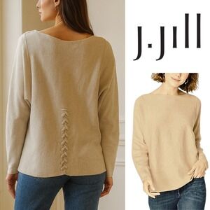 J. Jill, Beige Knit Sweater Boat Neck Lace-up Back Women XL